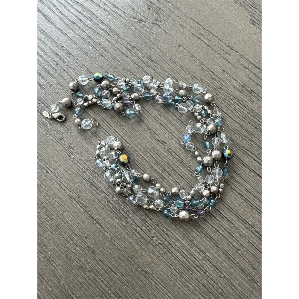 Vintage Premier Designs 60” Silver Clear & Shades Of Blue Beaded Necklace